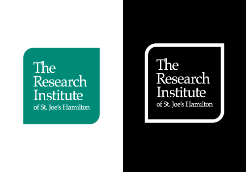 The words “The Research Institute of St. Joe's Hamilton” appear in white text overtop a green square, with the upper left and lower right corners rounded, comprise The Research Institute’s logo. This image depicts the primary green version of the logo, as well as an all-white variant