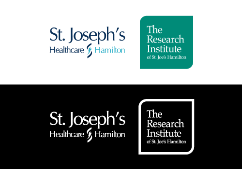 The logo of St. Joseph’s Healthcare Hamilton and the logo of The Research Institute of St. Joe’s Hamilton appear side by side in this dual logo design. The image depicts the full colour variant as well as the all-white variant. 