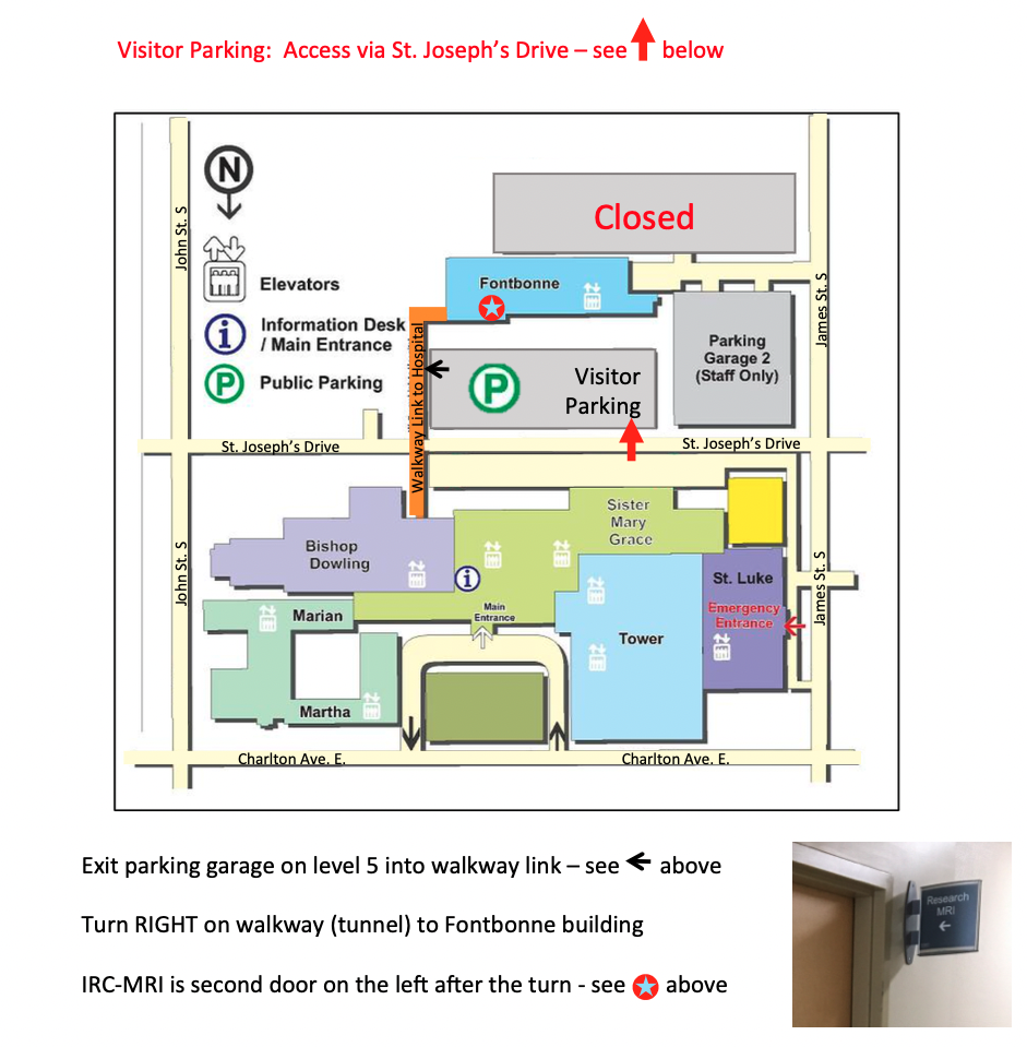 A map depicting the location of the IRC in the Fontbonne Building of St. Joseph’s Healthcare Hamilton, with visitor parking entrance located off St. Joseph’s Drive. 