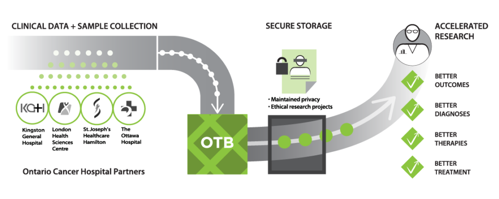 A diagram showing how the OTB operates, from clinical data and sample collection at St. Joe’s and three other hospitals, to secure storage, to delivery to cancer researchers. 